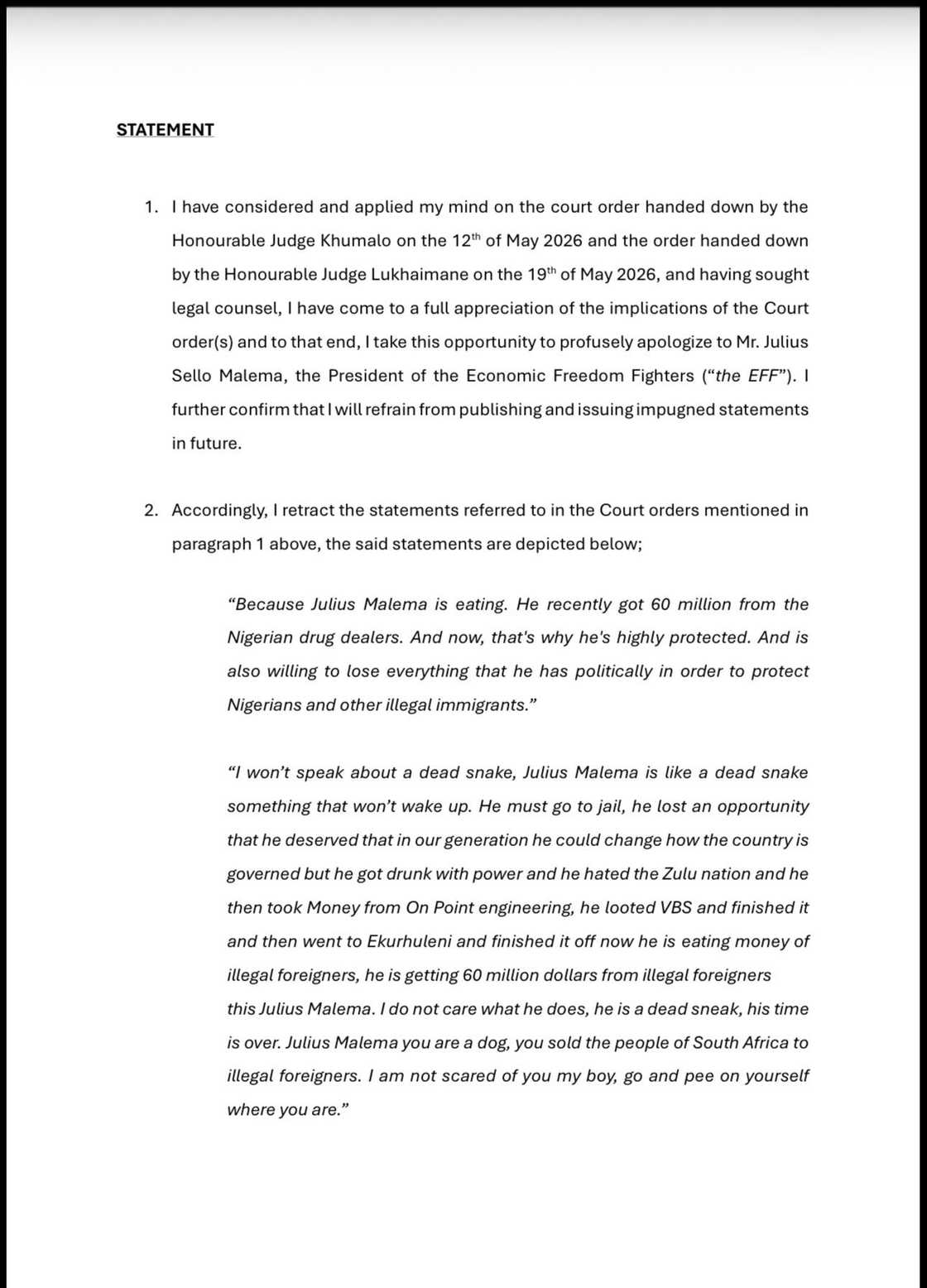 Ngizwe Mchunu retracted his defamatory statements against Julius Malema Ngizwe Mchunu retracted his defamatory statements against Julius Malema