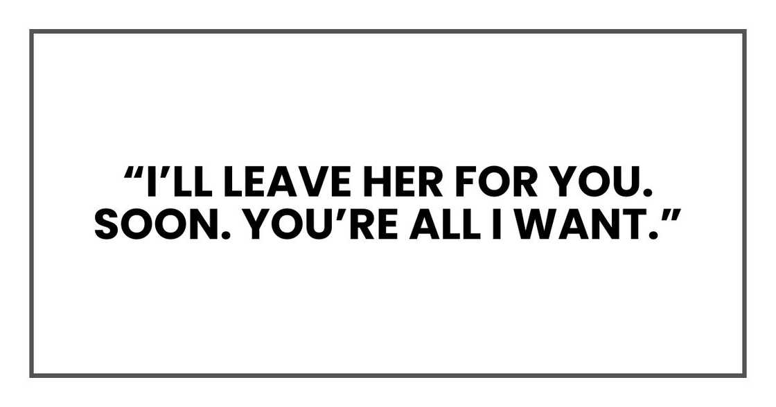 ‘I’ll leave her for you. Soon. You’re all I want.’ ‘I’ll leave her for you. Soon. You’re all I want.’