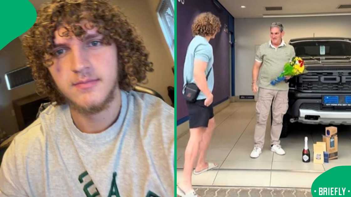 On the right, the same young man is seen at what looks like a car dealership, standing in front of a large black pickup truck while an older man holding a bouquet of flowers smiles toward him