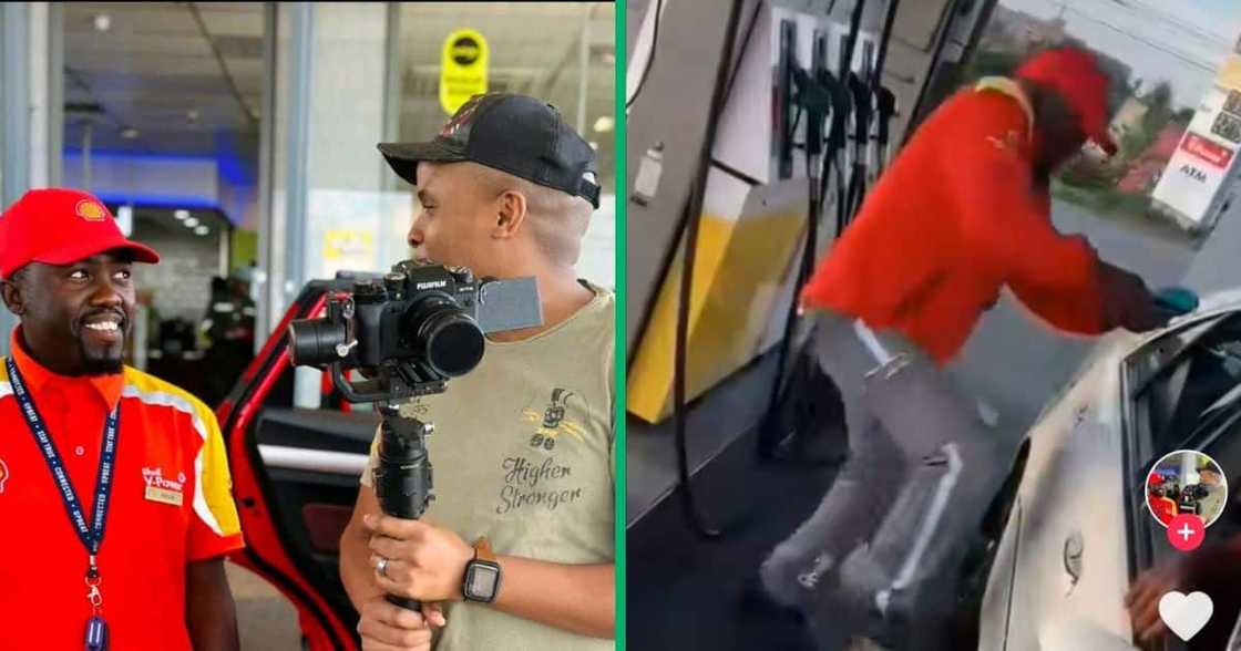 A petrol attendant loves dancing at work. A petrol attendant loves dancing at work.