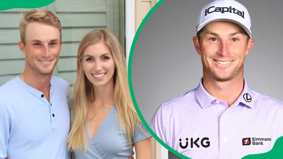 Caitlin Sellers and Will Zalatoris (L). The golfer's official PGA Tour headshot (R