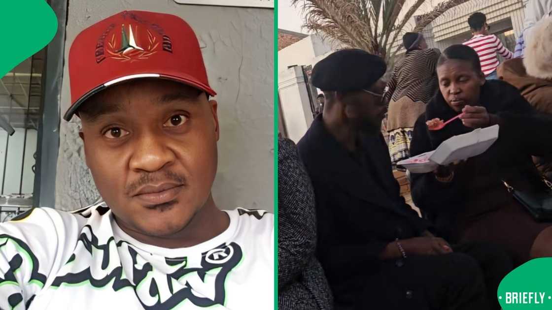 The man sat still, taking each spoon as his woman gave him while sitting with friends The man sat still, taking each spoon as his woman gave him while sitting with friends