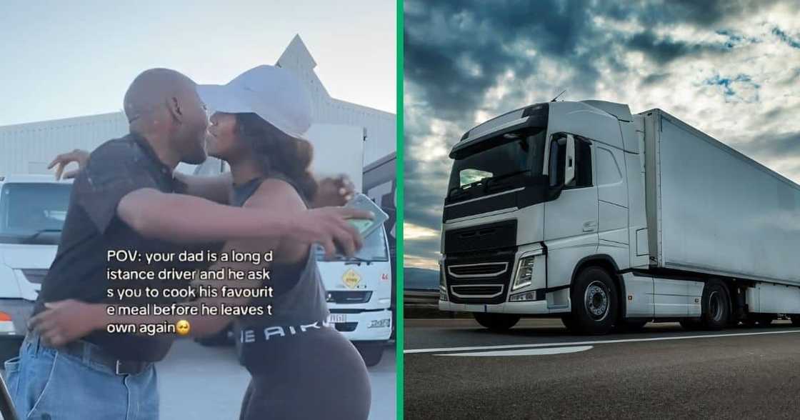 Truck driver father hugs his daughter before leaving.