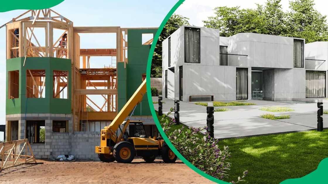 A picture of a home under construction and a complete one A picture of a home under construction and a complete one
