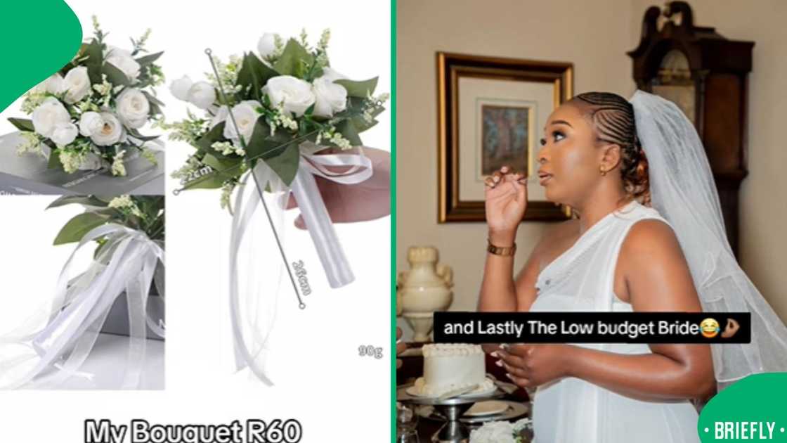 An affordable R60 white rose bouquet on the left with a video still of a stunning South African bride wearing her budget-friendly Shein wedding gown on the right An affordable R60 white rose bouquet on the left with a video still of a stunning South African bride wearing her budget-friendly Shein wedding gown on the right