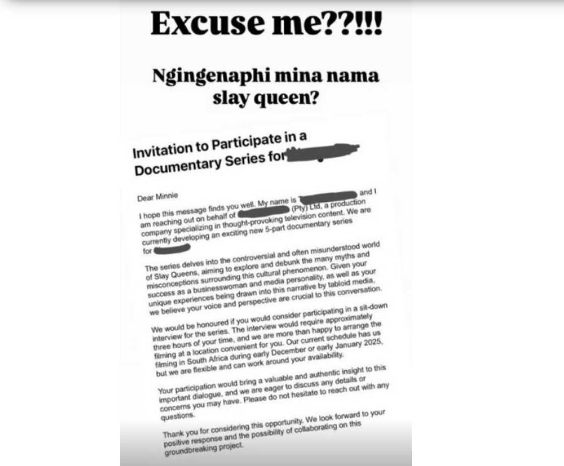 Minnie Dlamini slammed a production company for sending her a surprising invite