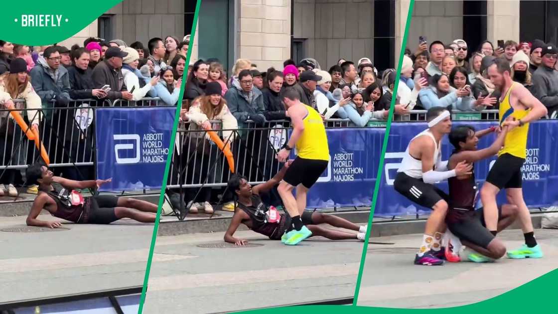 Image collage of Boston Marathon runners helping competitor Image collage of Boston Marathon runners helping competitor