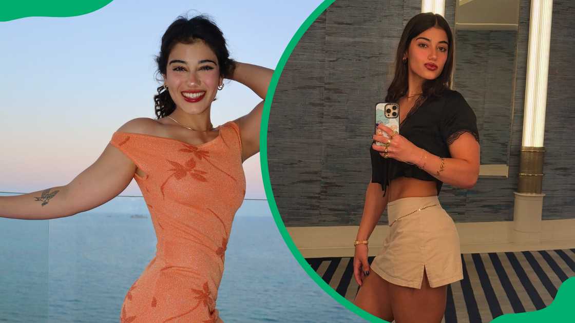 Sara Saffari in an orange dress and a little brown skirt and a black crop top