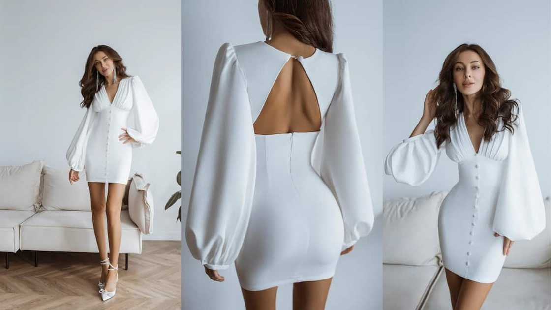 Backless mini with long puff sleeves and button detail Backless mini with long puff sleeves and button detail