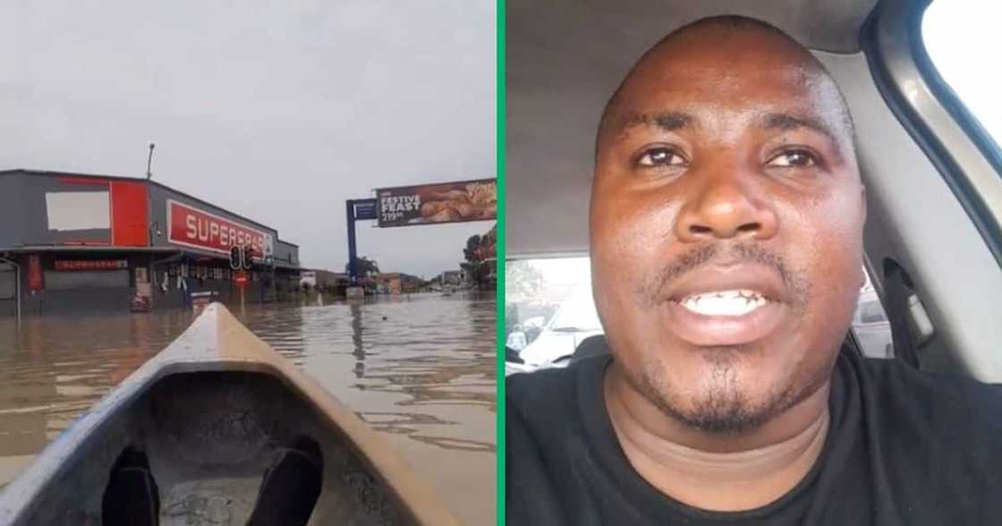 A man found a humourous mechanism during the KZN floods, canoeing on the flooded streets. A man found a humourous mechanism during the KZN floods, canoeing on the flooded streets.