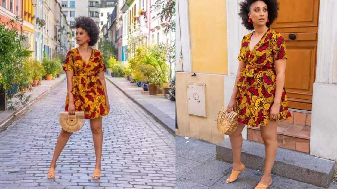 Short-sleeved wrap gown with V-neckline Short-sleeved wrap gown with V-neckline