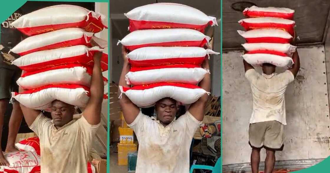 Man carrying five bags of rice on his head. Man carrying five bags of rice on his head.