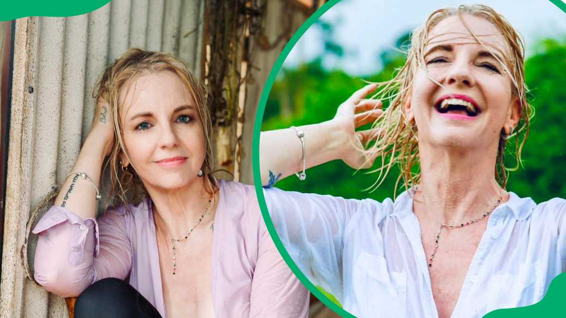 Marié Bosman posing against a rustic wall (L). The TV personality smiling joyfully while running her fingers through her wet hair (R)