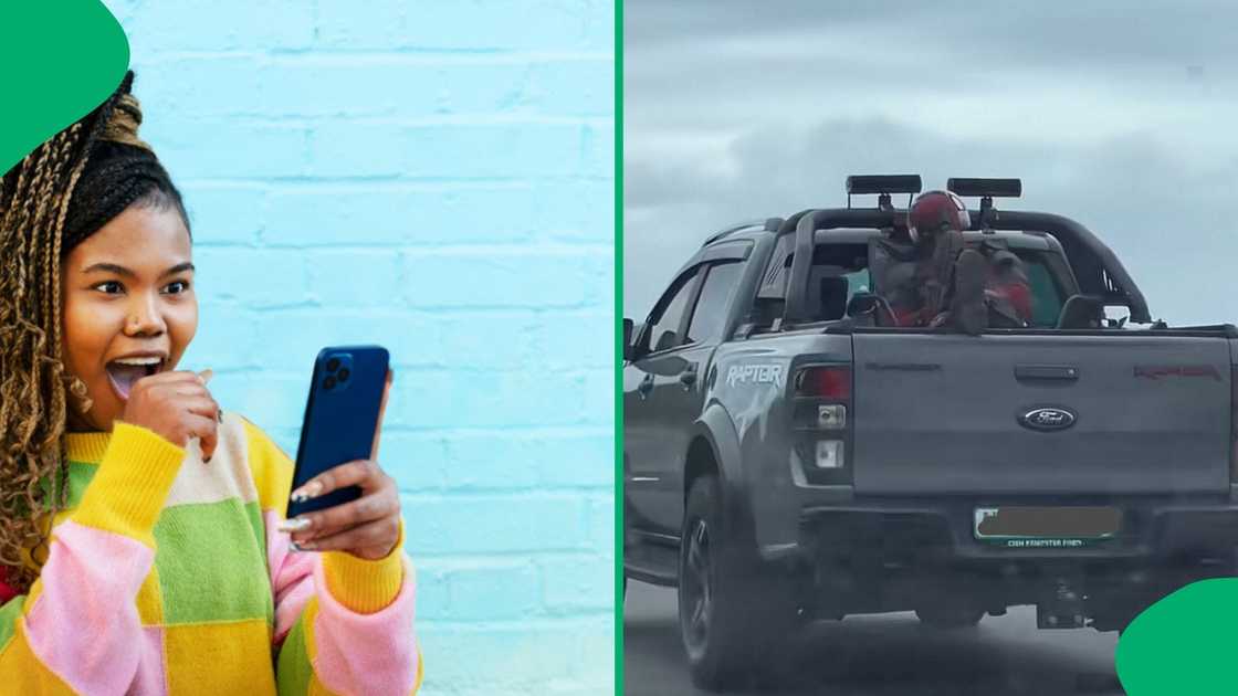 A TikTok video shows Deadpool riding at the back of a bakkie in South Africa.