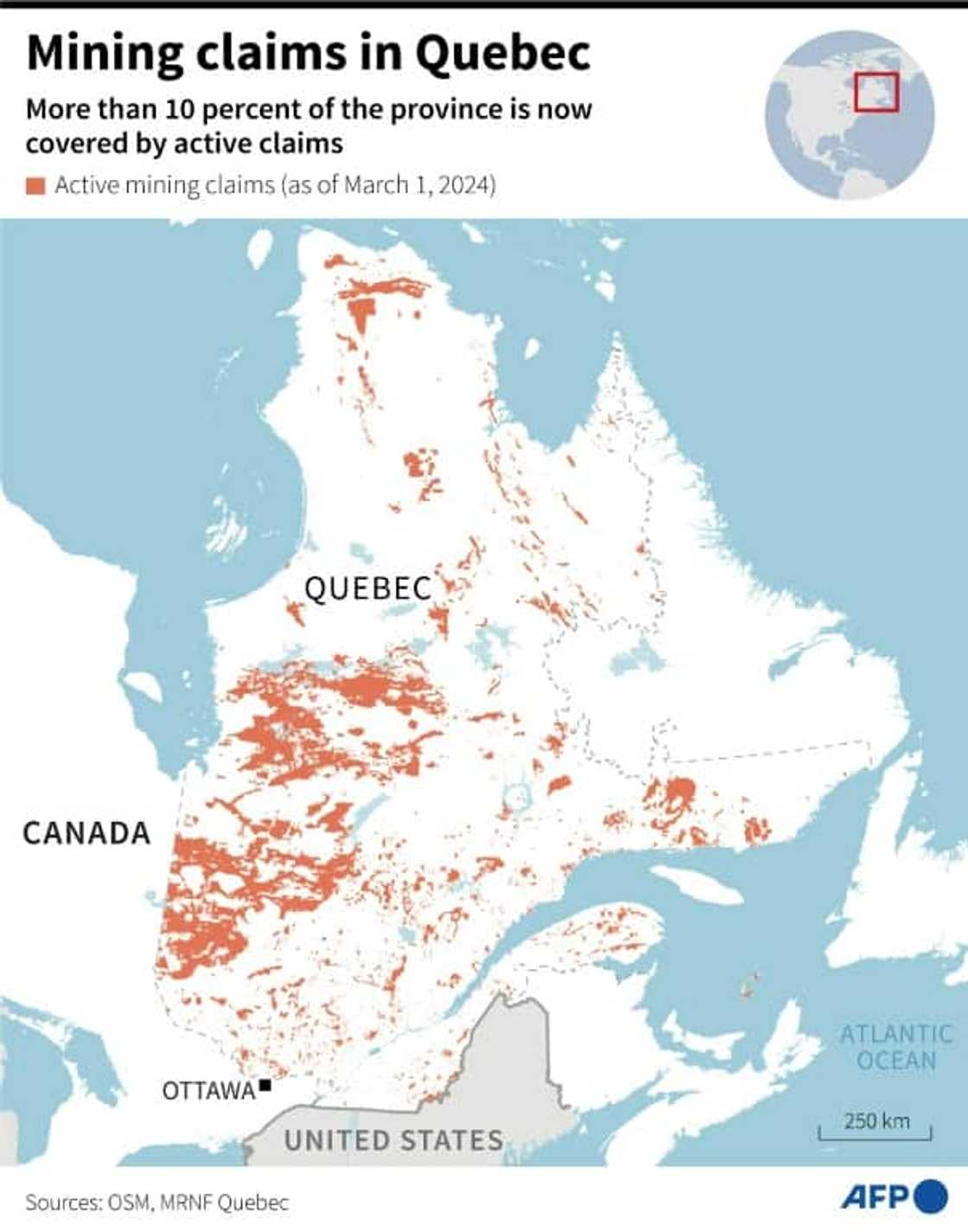 Map showing active mining claims in Quebec, according to data from the Canadian province's ministry of natural resources and forests