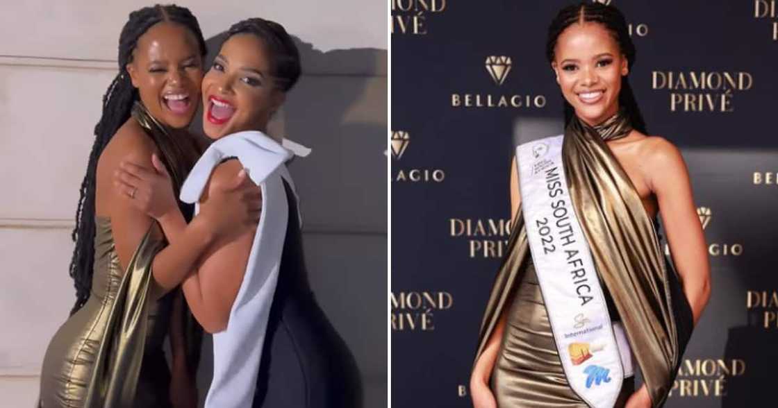 Ndavi Nokeri and Liesl Laurie looked glamorous at a glitzy event, with the two Miss SA winners exchanging hugs