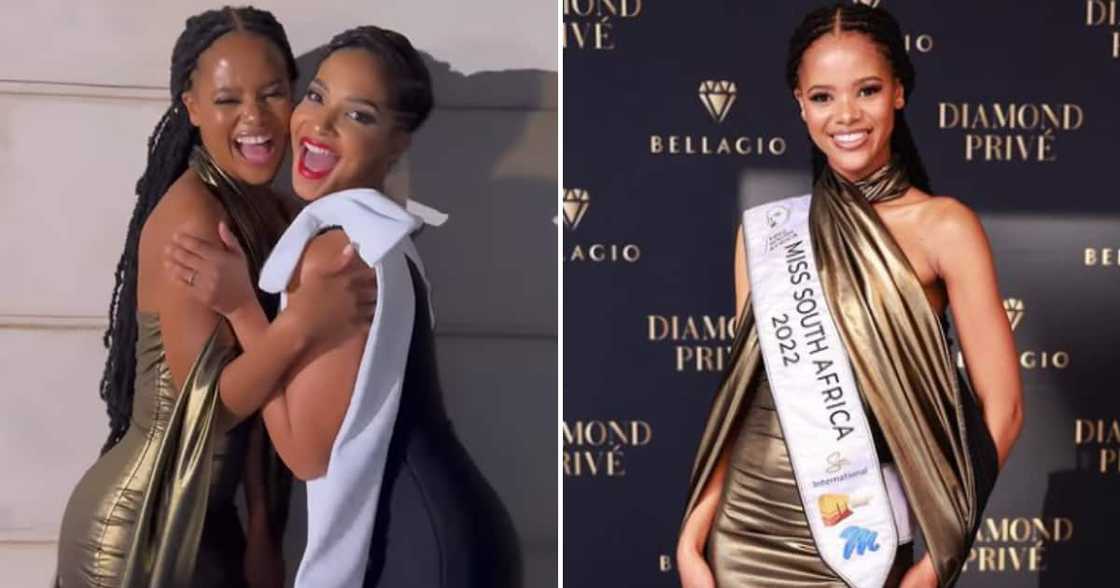 Ndavi Nokeri and Liesl Laurie looked glamorous at a glitzy event, with the two Miss SA winners exchanging hugs Ndavi Nokeri and Liesl Laurie looked glamorous at a glitzy event, with the two Miss SA winners exchanging hugs