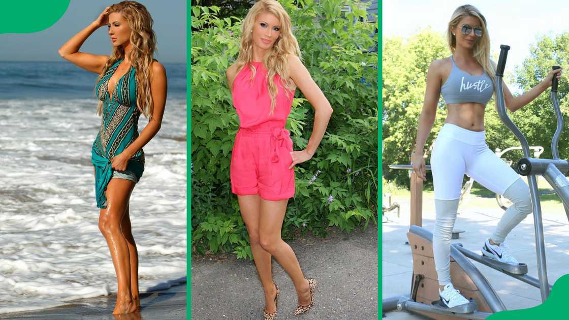 Katarina standing on the beach, a pavement, and a body exercising machine Katarina standing on the beach, a pavement, and a body exercising machine