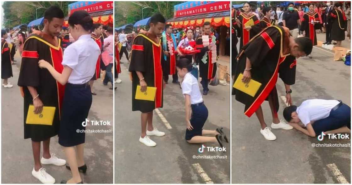 Thai woman, elder brother, graduation kneeling, bowing in appreciation.