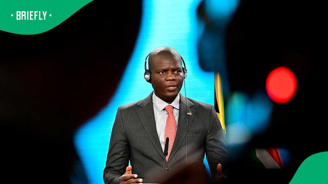 South African Foreign Minister Ronald Ozzy Lamola delivers a joint press conference with his German counterpart during a visit at the Foreign Office in Berlin on April 13, 2026