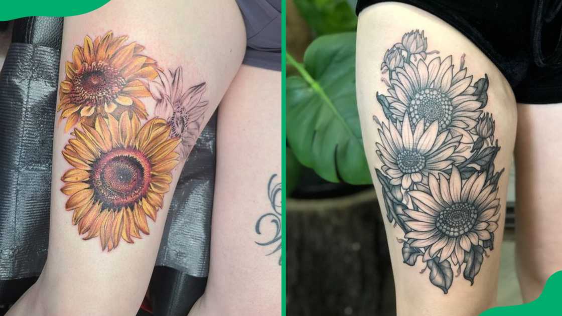 Sunflower thigh tattoos.