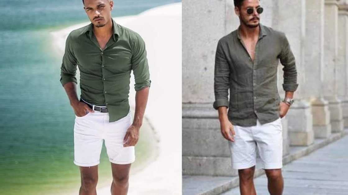 Belted white shorts with a green long-sleeved shirt