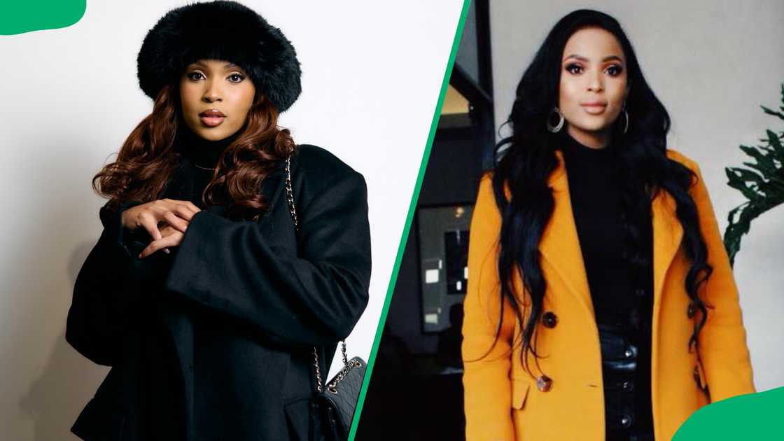 Linda Mtoba in black and yellow overcoats Linda Mtoba in black and yellow overcoats