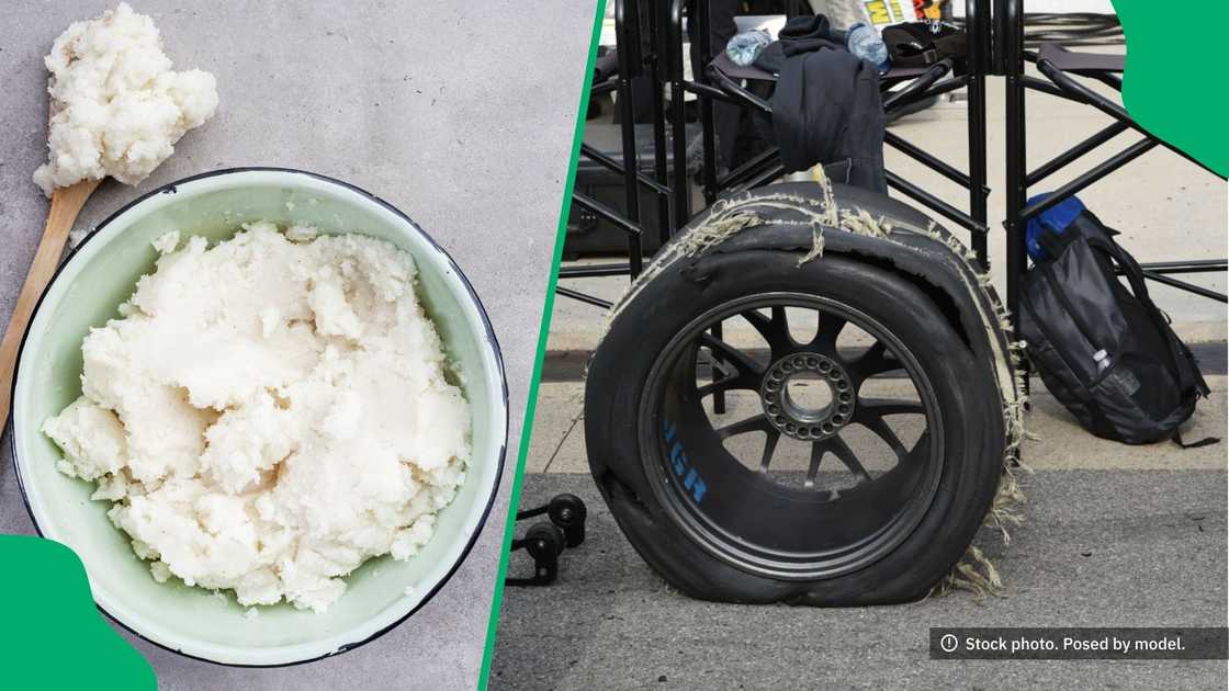 A gentleman used food to fix a vehicle tyre, leaving the internet amazed.