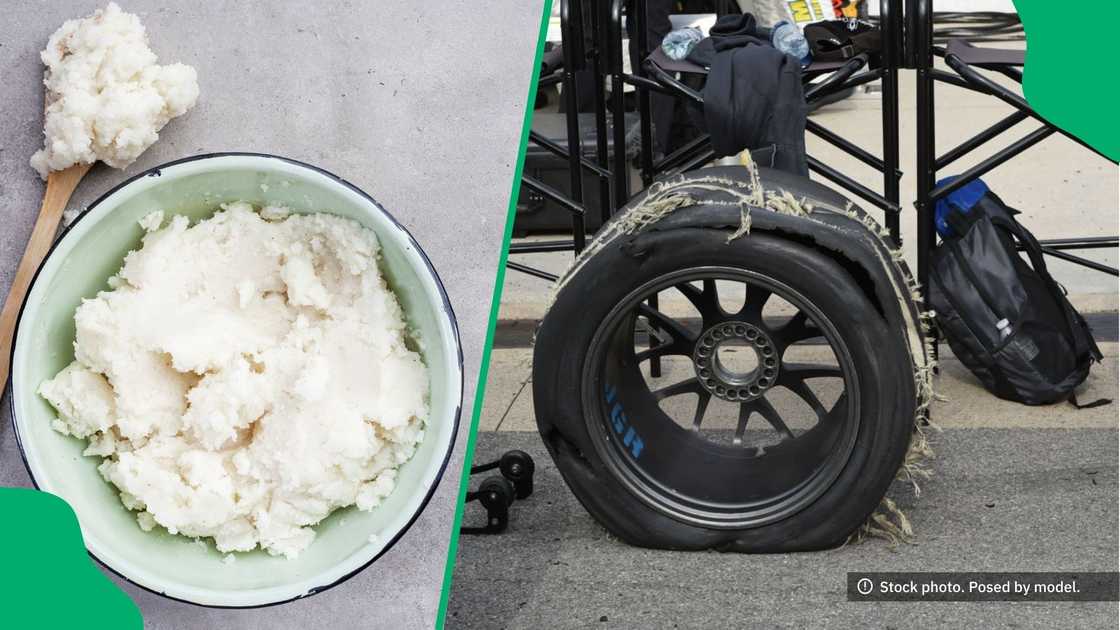 A gentleman used food to fix a vehicle tyre, leaving the internet amazed. A gentleman used food to fix a vehicle tyre, leaving the internet amazed.