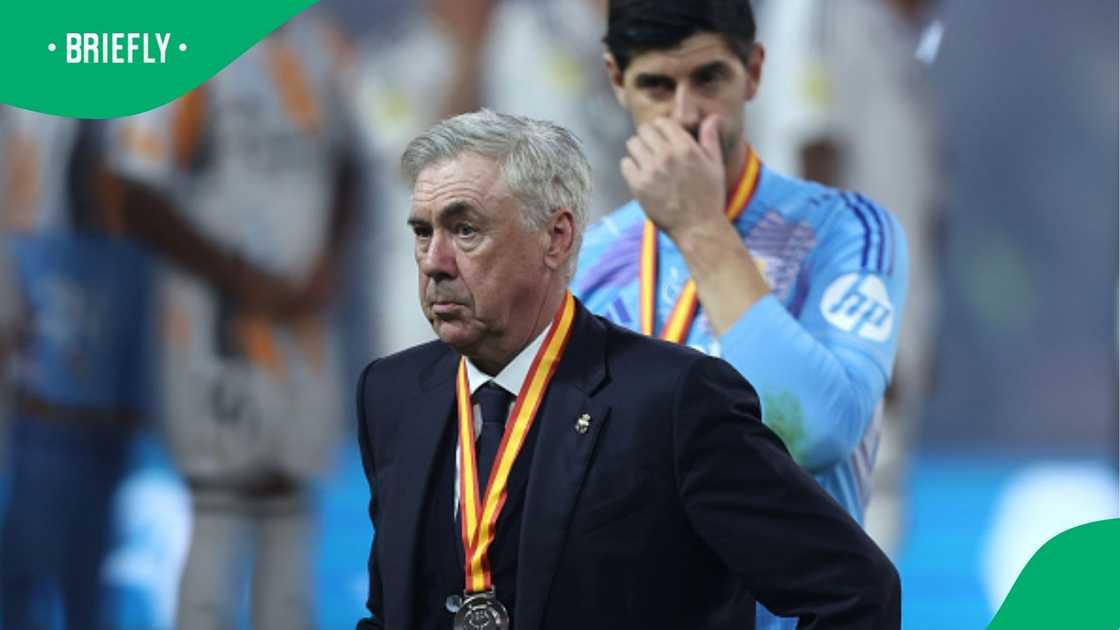 Carlo Ancelotti looks unhappy after Real Madrid's loss to Barcelona in the Spanish Super Cup final. Carlo Ancelotti looks unhappy after Real Madrid's loss to Barcelona in the Spanish Super Cup final.