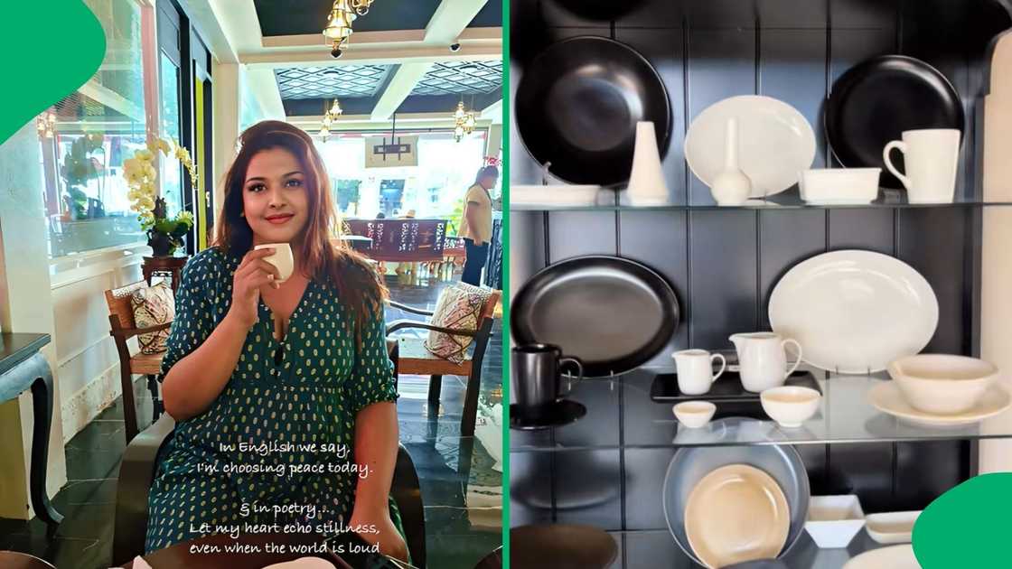 Neatly stacked porcelain and stoneware plates filled the shelves of a budget-friendly tableware store