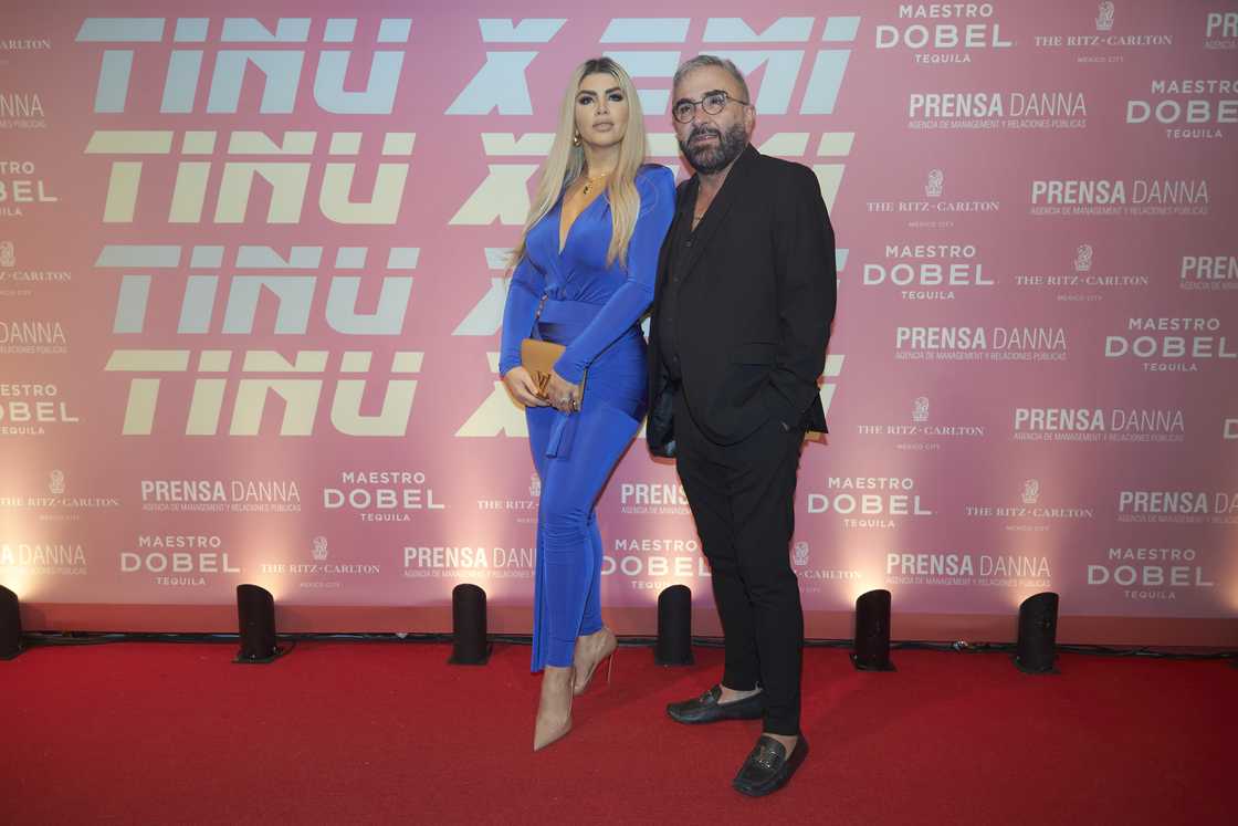 Mariana González and Vicente Fernández Jr pose for a photo during the red carpet of the Showcase Tini x Emi at The Ritz-Carlton Hotel in Mexico City, Mexico