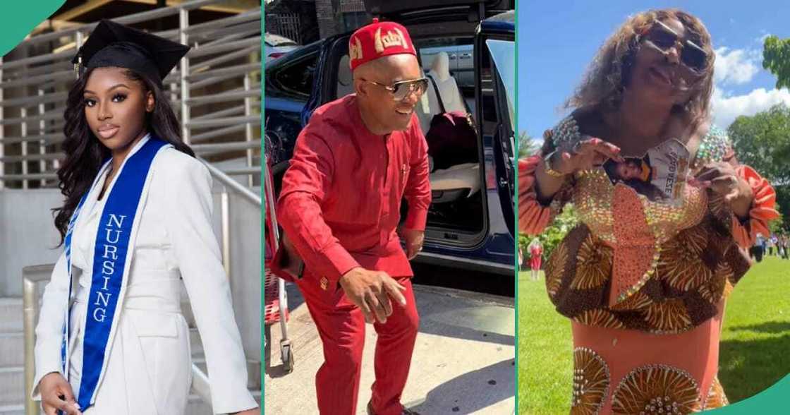 Lady graduates as a nurse and parents celebrate. Lady graduates as a nurse and parents celebrate.