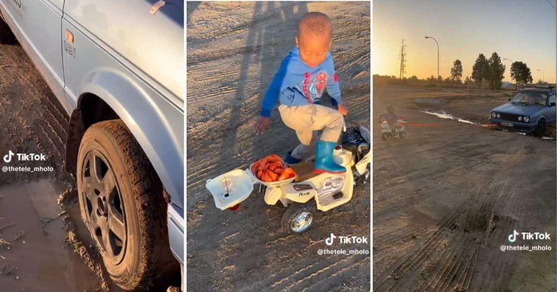 Dad gets his son to tow him out of the mud using toy bike Dad gets his son to tow him out of the mud using toy bike
