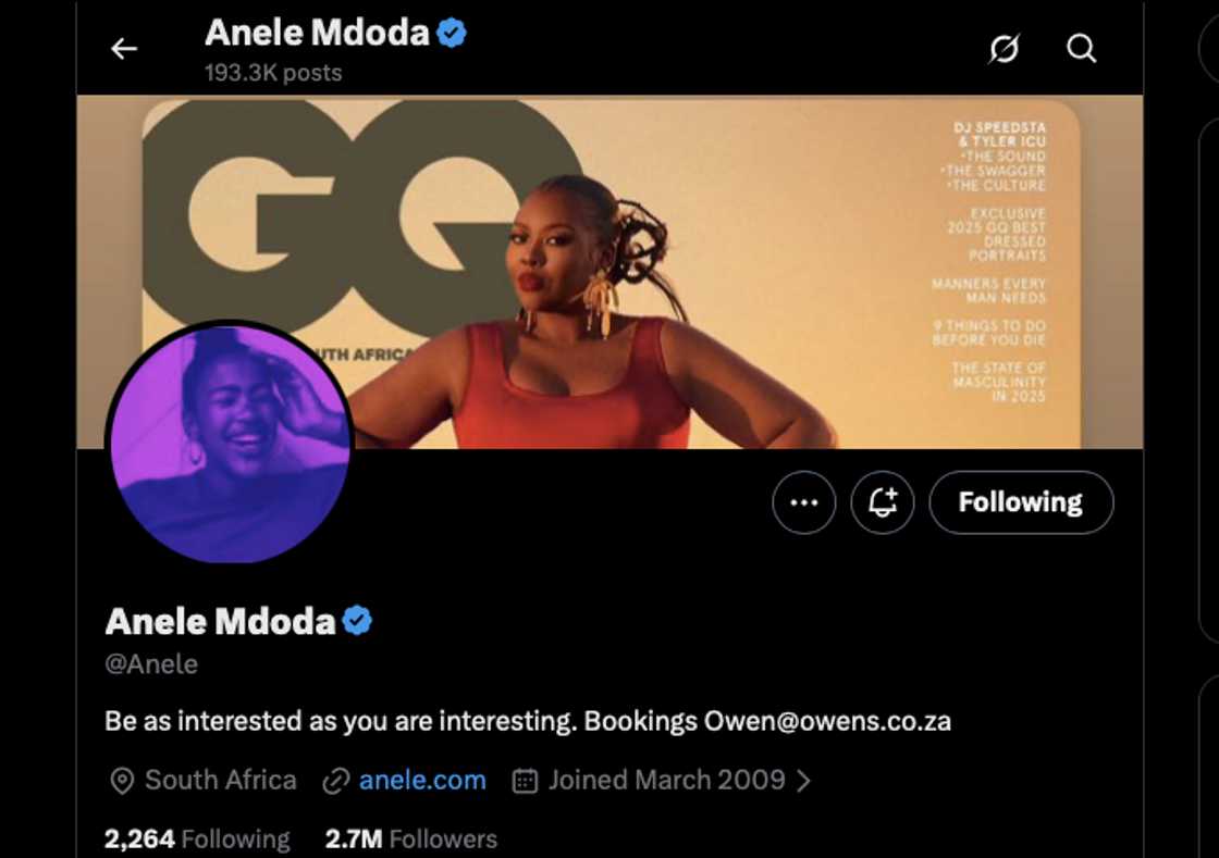 Anele Mdoda unlocked her X page