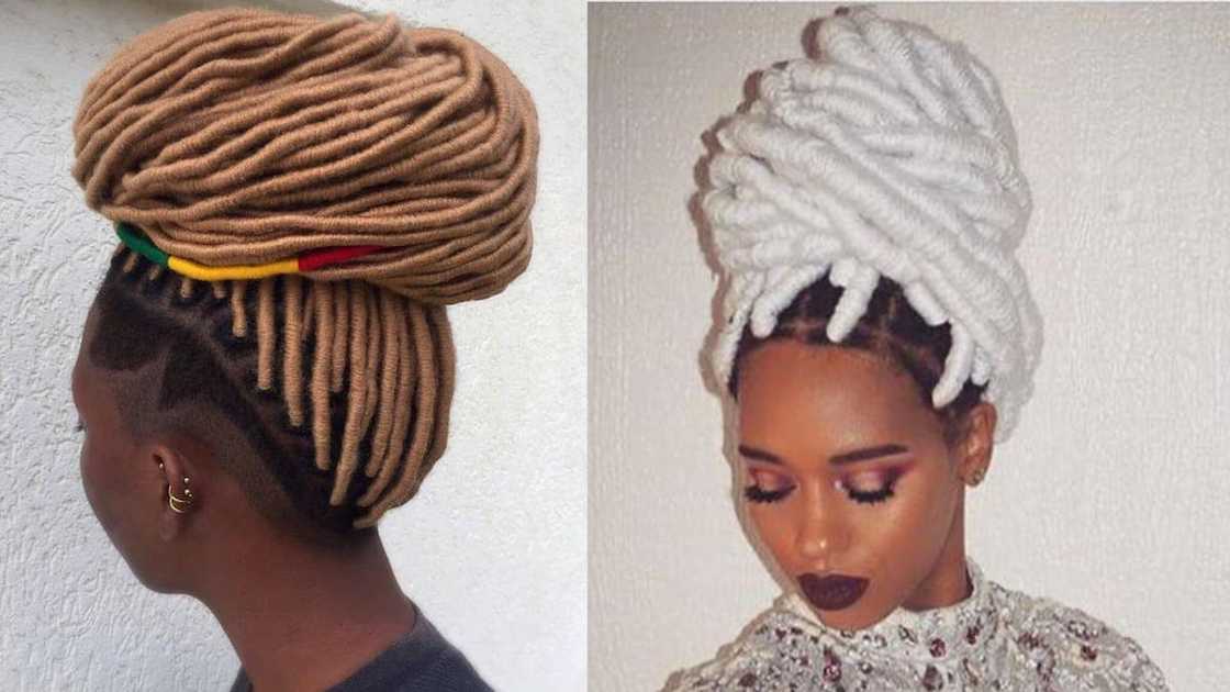 Brown and white updo yarn style Brown and white updo yarn style