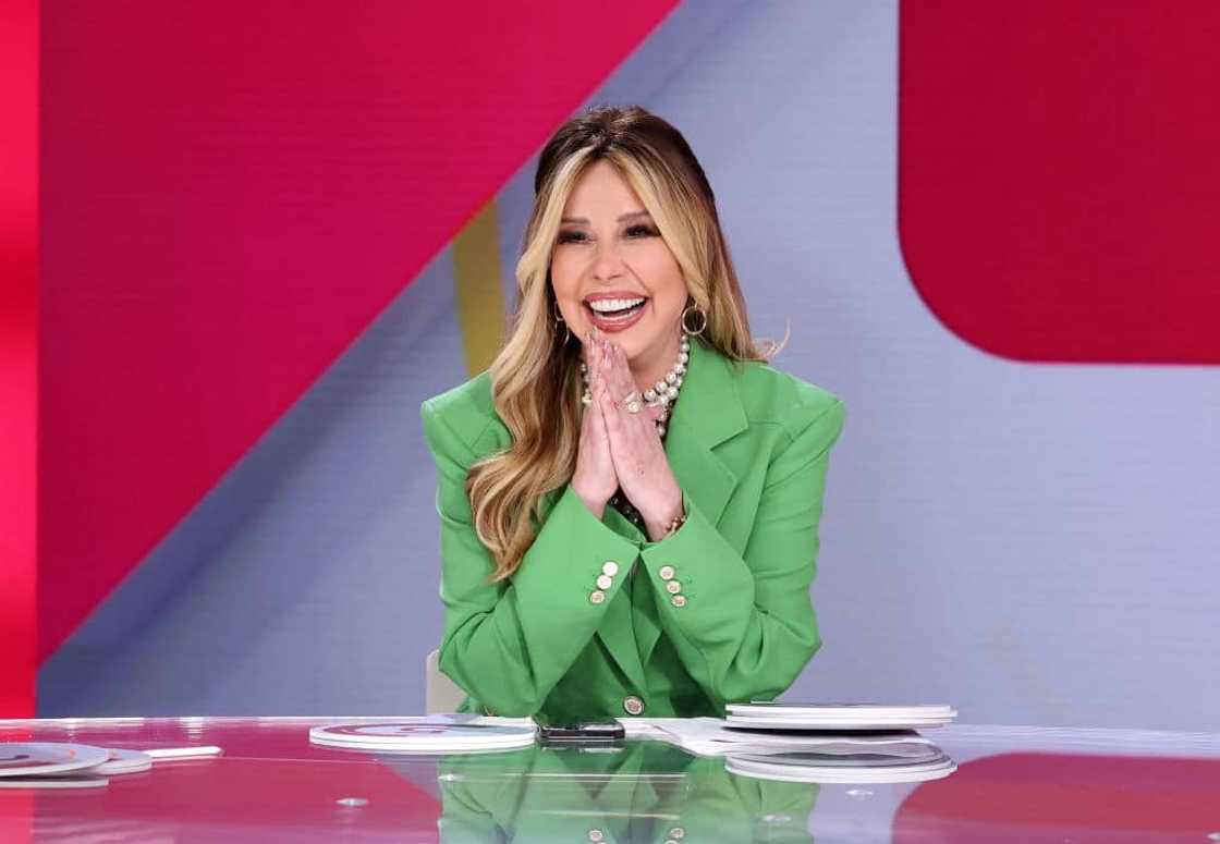 Myrka Dellanos during Telemundo's La Mesa Caliente premiere episode at Telemundo Center on 7th March 2022. Myrka Dellanos during Telemundo's La Mesa Caliente premiere episode at Telemundo Center on 7th March 2022.