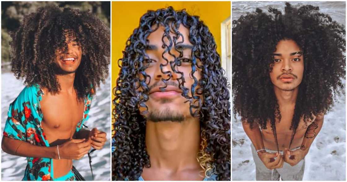 Male model flaunts his long natural hair.