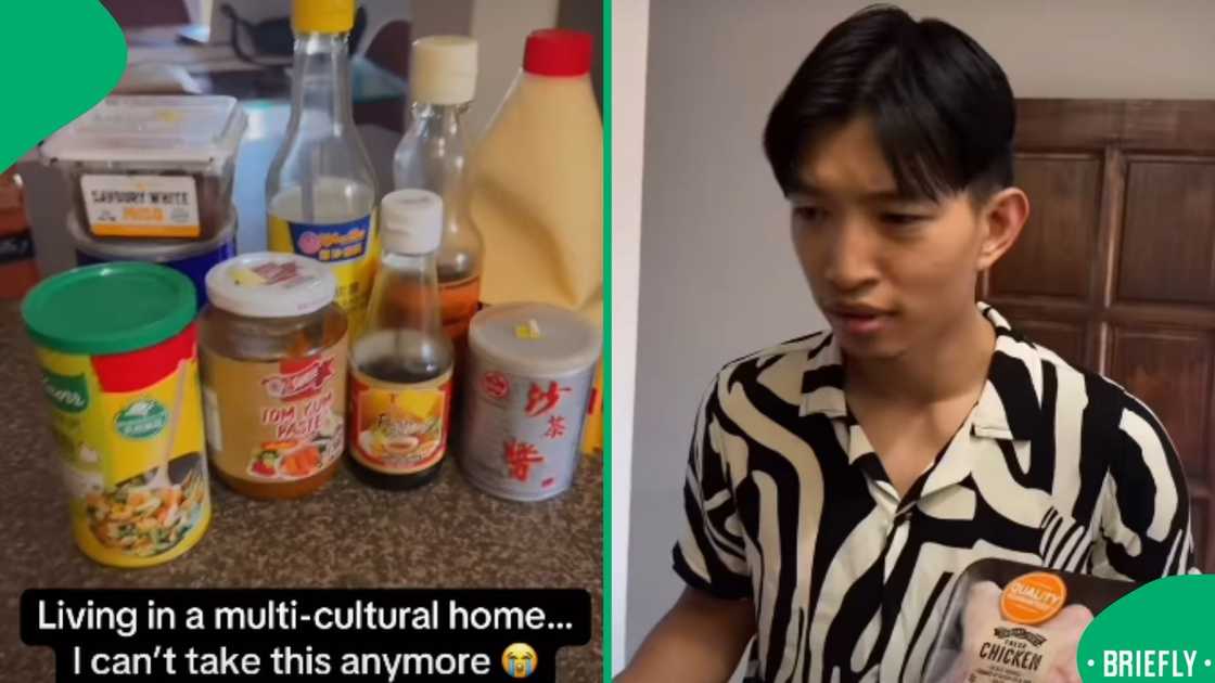 The visual on the right showed the Chinese man holding a chicken pieces The visual on the right showed the Chinese man holding a chicken pieces