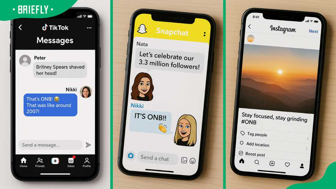 Social media chats on TikTok, Snapchat, and Instagram showing the acronym ONB Social media chats on TikTok, Snapchat, and Instagram showing the acronym ONB