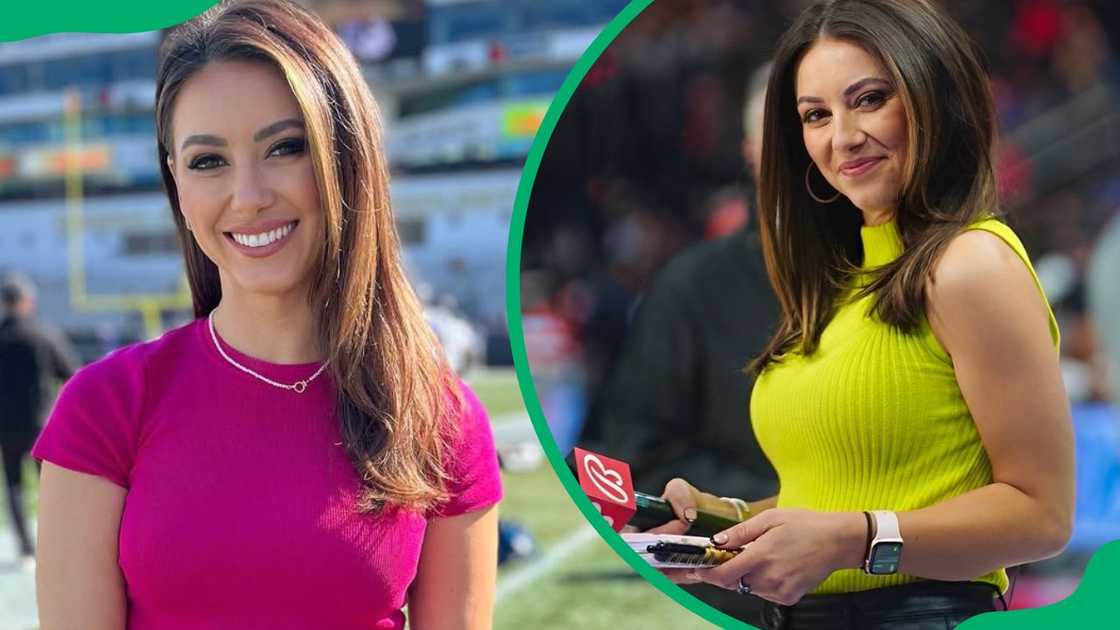 Lauren Jbara at the Bobby Dodd Stadium in 2022(L). The reporter during a 2022 NBA game in Detroit, Michigan (R)