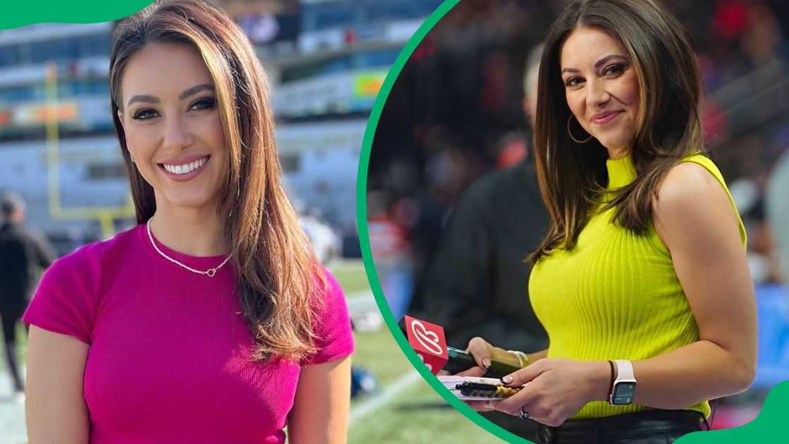 Lauren Jbara at the Bobby Dodd Stadium in 2022(L). The reporter during a 2022 NBA game in Detroit, Michigan (R) Lauren Jbara at the Bobby Dodd Stadium in 2022(L). The reporter during a 2022 NBA game in Detroit, Michigan (R)