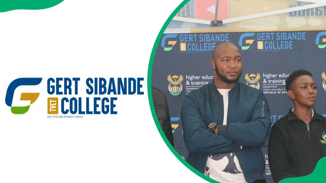 The Gert Sibande TVET College logo and people from the college standing in front of the college banner The Gert Sibande TVET College logo and people from the college standing in front of the college banner