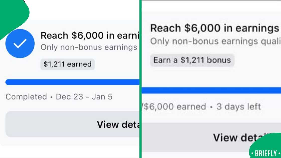 The image on the left showed Tsontso having completed the bonus earnings The image on the left showed Tsontso having completed the bonus earnings