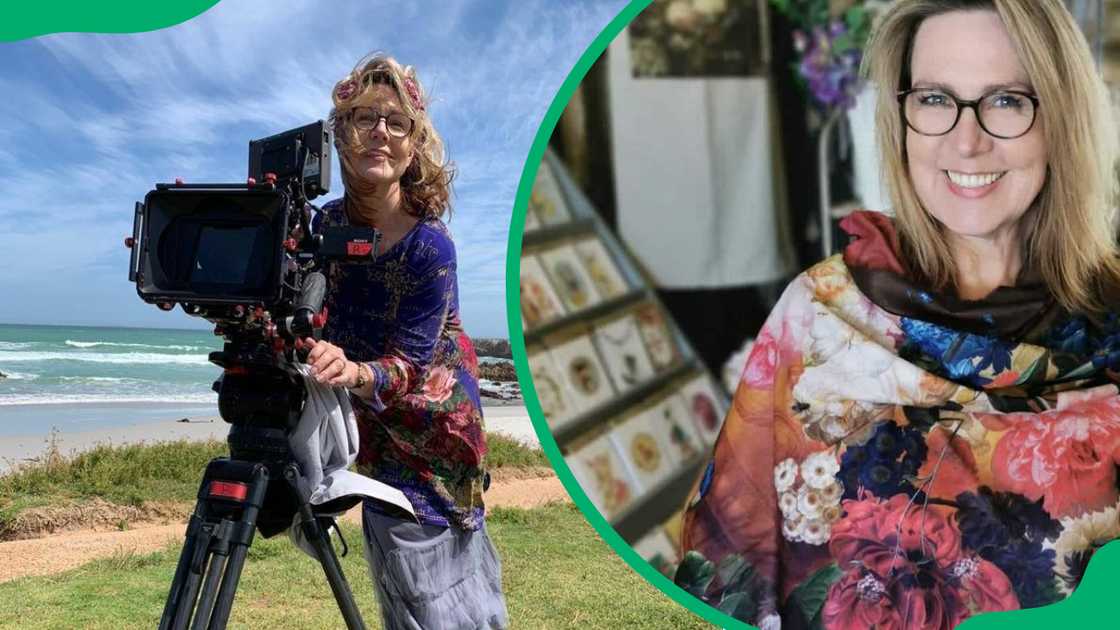 Helene Truter working behind the camera and she smiles in a floral outfit Helene Truter working behind the camera and she smiles in a floral outfit