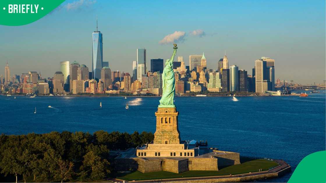The Statue of Liberty and the Manhattan skyline.