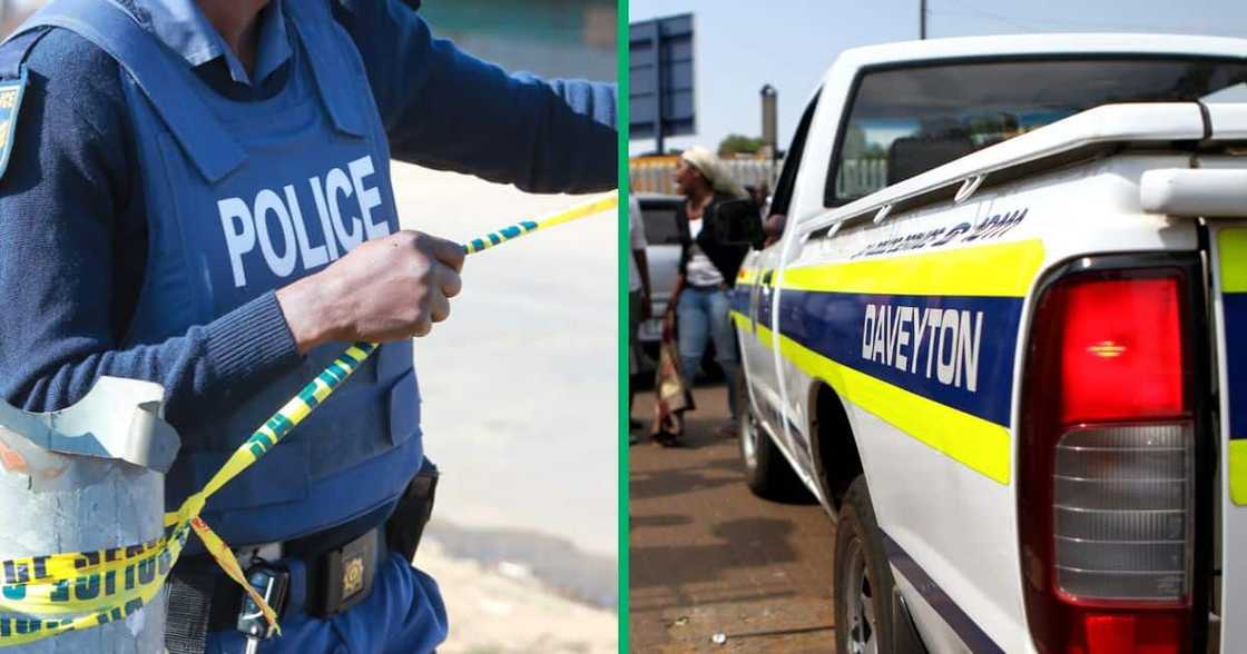 Collage image of a police officer putting police tape and a police van Collage image of a police officer putting police tape and a police van