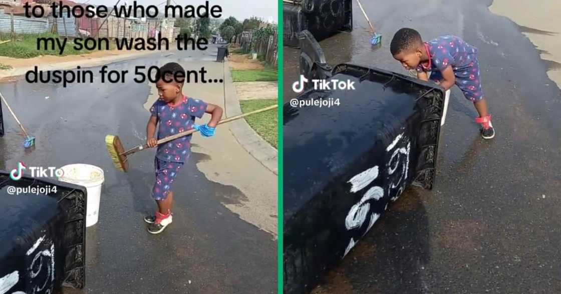 Young boy washed a rubbish bin