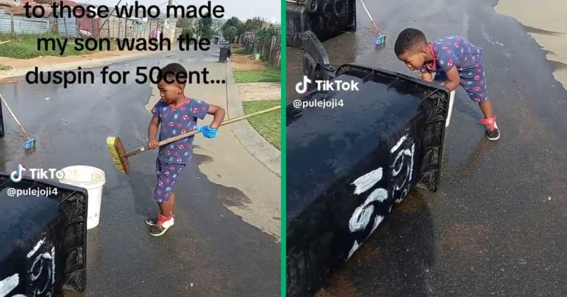 Young boy washed a rubbish bin Young boy washed a rubbish bin