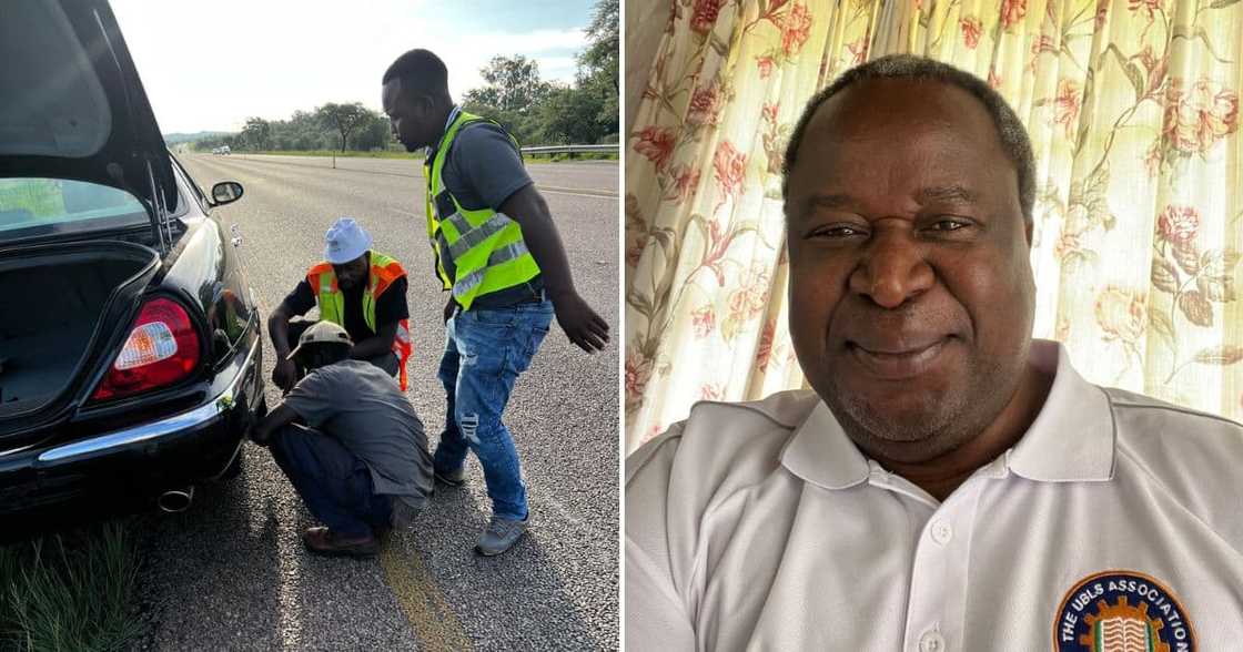 Tito Mboweni has 5 men change tyre